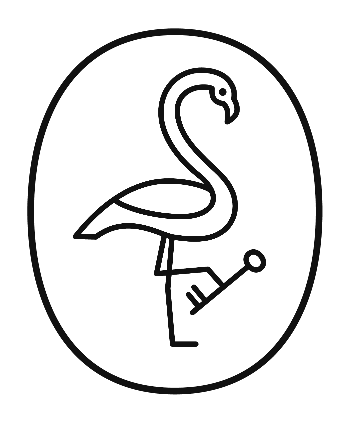 Black line illustration of a flamingo standing on one leg within an oval frame
