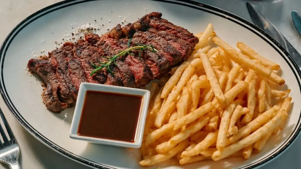 Grilled steak with rosemary, seasoned chips and a side of sauce on a white plate