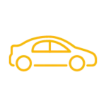 Yellow line icon of a car viewed from the side against a black background