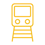 Yellow line icon of a train on railway tracks against a black background