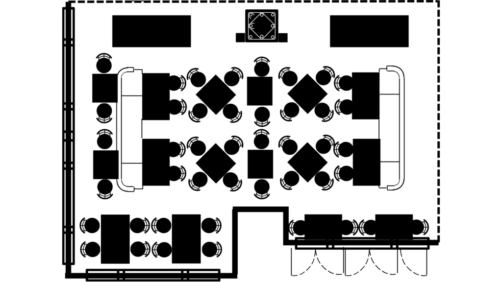 Floor plan of Blacksmith Restaurant: a furnished dining room with banquette seating along both side walls and square and diagonally set tables through the centre.