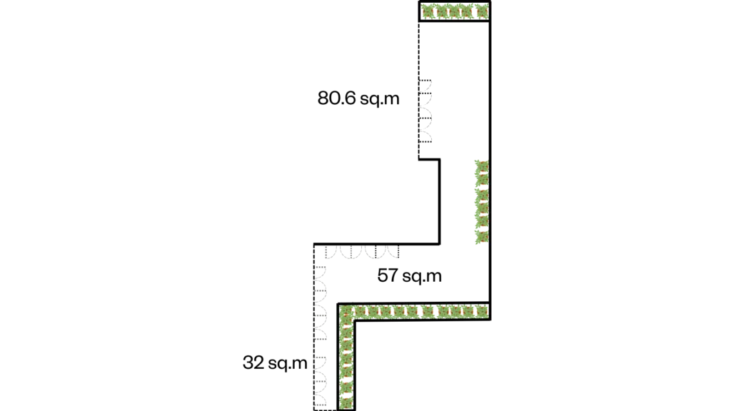 Floor plan of the Blacksmith Rooftop Terrace: an L-shaped planted terrace in three sections of 80.6 sq.m, 57 sq.m and 32 sq.m.