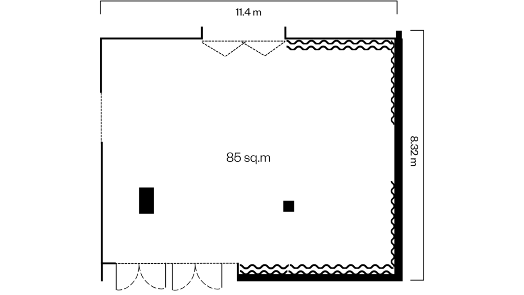 Floor plan of the Gouldian Room: one rectangular space of 85 sq.m, 11.4 m by 8.32 m.
