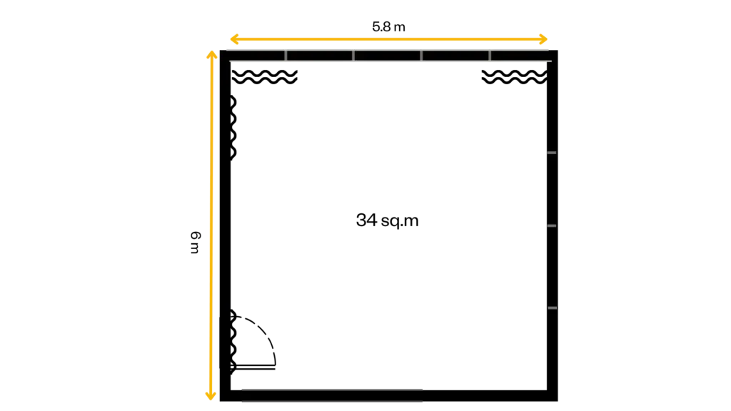 Floor plan of Honeyeater Room 3: a 34 sq.m room, 5.8 m by 6 m.