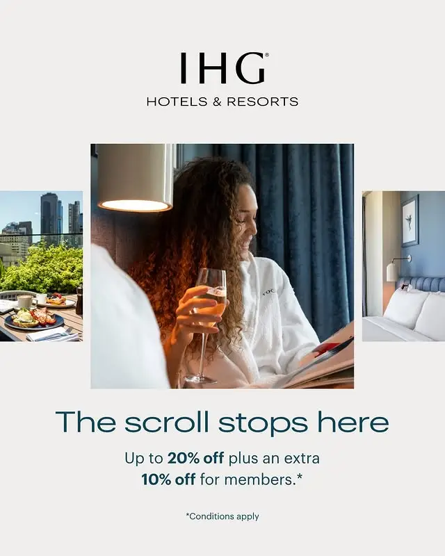 IHG Hotels & Resorts promotion featuring a guest relaxing in a voco robe and discount offer text