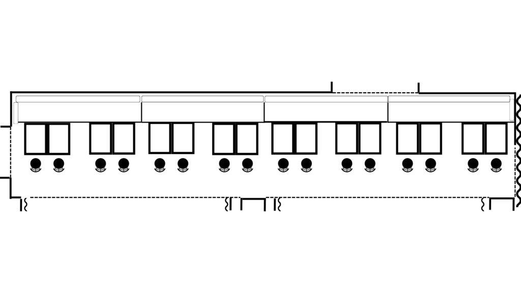 Floor plan of the Tongs Room: a long narrow room with eight tables for two set in a row along the window wall.