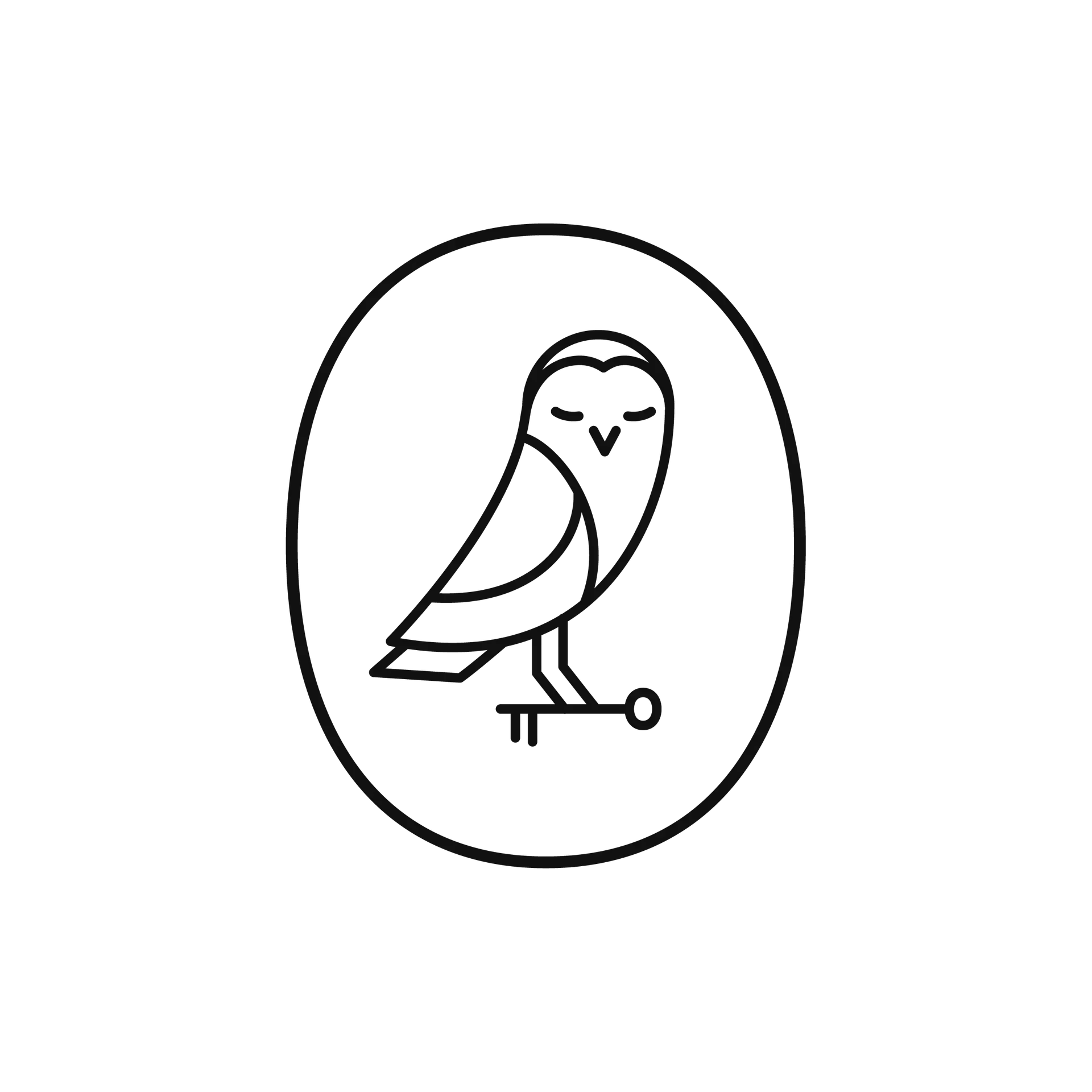 Line illustration of the voco owl mascot perched inside an oval frame